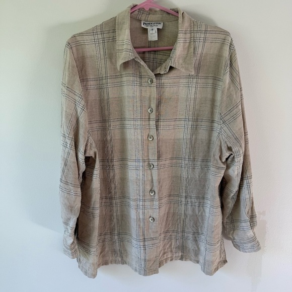 Pendleton plaid button up shirt long sleeve flax rayon blend beige SZ 1X - Picture 1 of 7